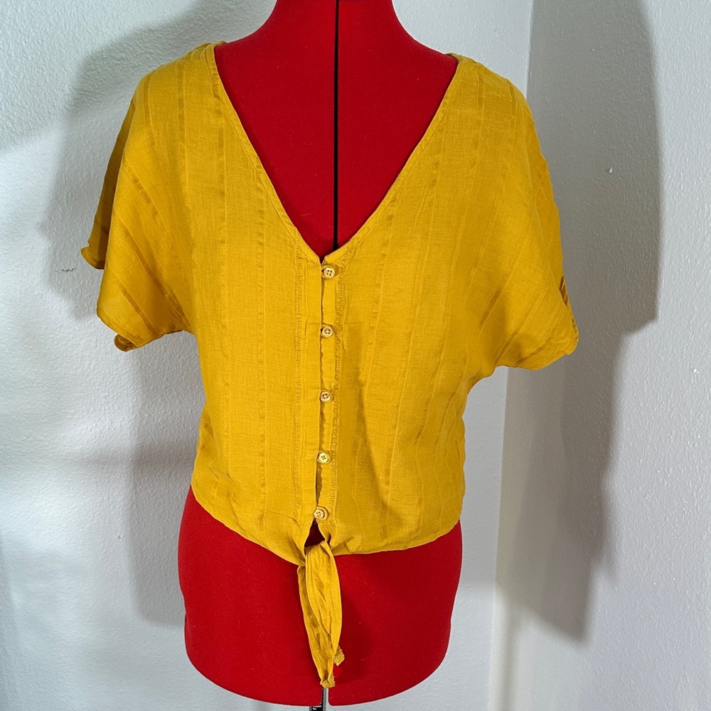 Prana Organic Cotton Mustard Button-Up Tie-Front Blouse